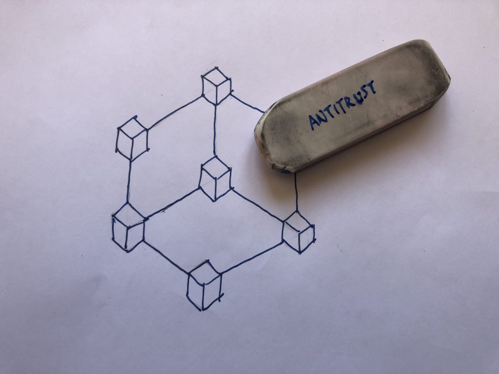 Illustration of an antitrust concept with cubes connected, featuring an eraser labeled "ANTITRUST" in the context of EU compe