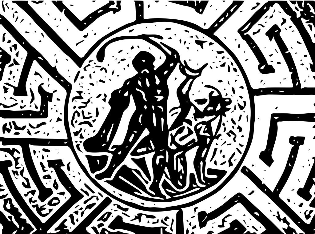 Black and white illustration featuring a maze design with figures symbolizing law and justice.